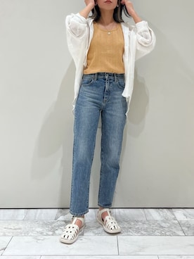 「Ungrid（アングリッド）のハイウエストスリムテーパードデニム（デニムパンツ）」を使った、瀬川百花さん（レディース・156cm）の春コーディネート