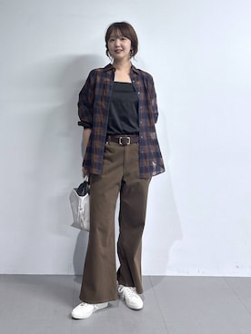 「BARNYARDSTORM（バンヤードストーム）のBARNYARDSTORM / シアーチェックシャツ / JAPAN FABRIC【WEB限定カラー】（シャツ/ブラウス、ブラウン系）」を使った、あやさん（レディース・168cm）の夏コーディネート