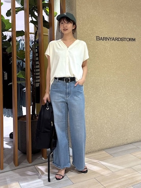 「BARNYARDSTORM（バンヤードストーム）のBARNYARDSTORM / ソフトウエストワイドデニムパンツ【WEB限定】【『BABALOG』チャンネルご紹介アイテム】（デニムパンツ、ブルー系）」を使った、あやさん（レディース・168cm）の春コーディネート