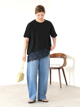 「reca（レカ）のストレッチデニムカーブパンツ（デニムパンツ、ブルー系）」を使った、sakiさん（レディース・165cm）の夏コーディネート