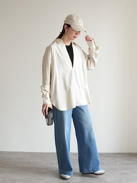 「reca（レカ）のウエストリブデニムワイドパンツ（デニムパンツ、ブルー系）」を使った、sakiさん（レディース・165cm）の春コーディネート