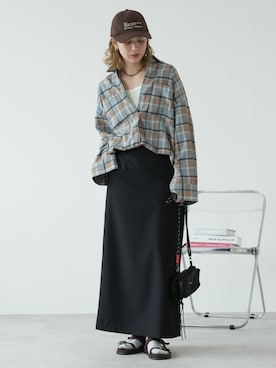 「reca（レカ）のチェックBIGシャツ（シャツ/ブラウス、ホワイト系）」を使った、sakiさん（レディース・165cm）の夏コーディネート