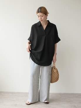 「reca（レカ）のスキッパーブラウス（シャツ/ブラウス、ブラック系）」を使った、sakiさん（レディース・165cm）の春コーディネート