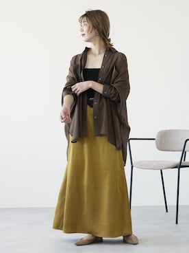 「reca（レカ）のシアードルマンシャツ（シャツ/ブラウス、ブラウン系）」を使った、sakiさん（レディース・165cm）の夏コーディネート
