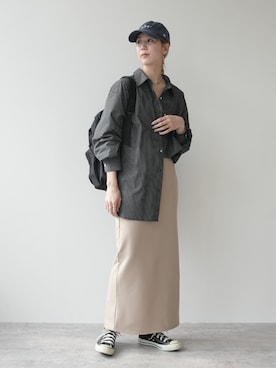 「reca（レカ）のアソートオーバーサイズベーシックシャツ（シャツ/ブラウス、ブラック系）」を使った、sakiさん（レディース・165cm）の春コーディネート