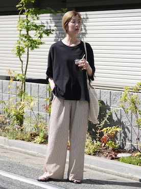 「reca（レカ）のドルマンスリーブワイドTシャツ  ラクに体型カバーも叶う！綿100％（Tシャツ/カットソー、ブラック系）」を使った、sakiさん（レディース・165cm）の春コーディネート