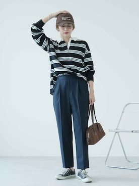 「reca（レカ）のボーダーラガーシャツ（Tシャツ/カットソー、ブラック系）」を使った、sakiさん（レディース・165cm）の夏コーディネート