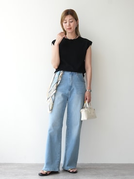 「reca（レカ）のクーリッシュデニムワイドパンツ（デニムパンツ、ブルー系）」を使った、sakiさん（レディース・165cm）の夏コーディネート