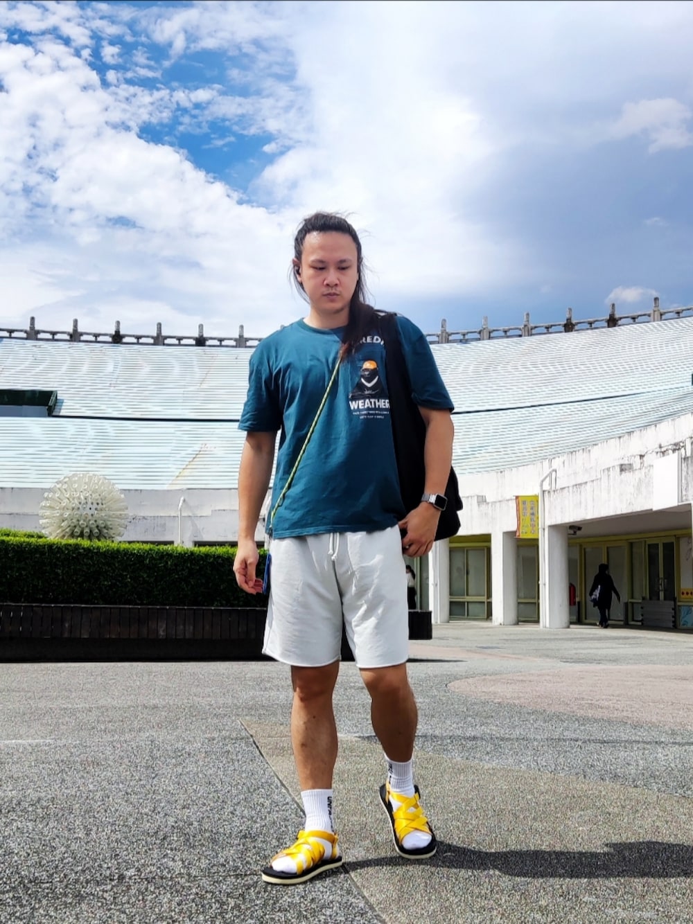 「suicokeのSAMA OG-083（サンダル、イエロー系）」を使った、brianli813さん（メンズ・174cm）の夏コーディネートの1枚目の写真