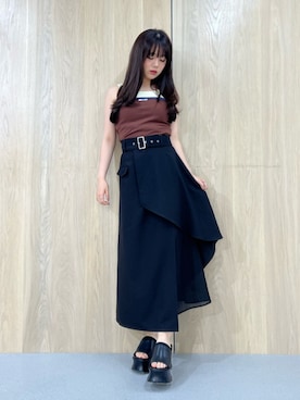 「MURUA（ムルーア）のクロコレイヤードサンダル（サンダル、ブラック系）」を使った、田中音羽さん（レディース・163cm）の夏コーディネート