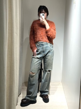 「MURUA（ムルーア）のアイテム（デニムパンツ）」を使った、田中音羽さん（レディース・163cm）の秋コーディネート