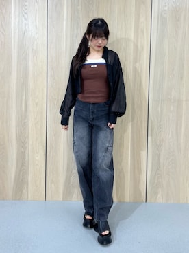 「MURUA（ムルーア）のクロコレイヤードサンダル（サンダル、ブラック系）」を使った、田中音羽さん（レディース・163cm）の夏コーディネート