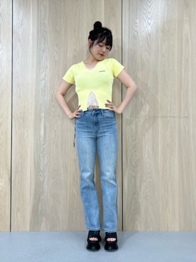 「MURUA（ムルーア）のクロコレイヤードサンダル（サンダル、ブラック系）」を使った、田中音羽さん（レディース・163cm）の夏コーディネート