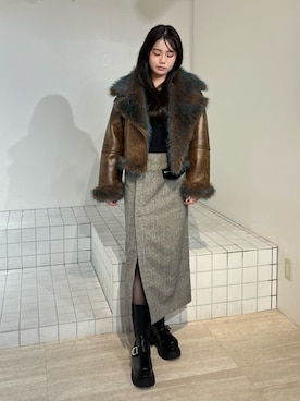 「秋服コーデ」｜「アイテム（ムートンコート）」を使った、田中音羽さん（レディース・163cm）の秋コーディネート