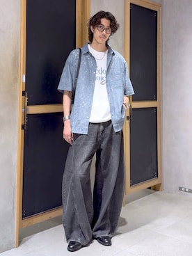 「RAGEBLUE（レイジブルー）の＜接触冷感/吸水速乾＞PHOTOGRAPHIC PRINT T-SHIRT/フォトグラフィックプリントTシャツ（Tシャツ/カットソー、ホワイト系）」を使った、三浦 慎平さん（メンズ・183cm）の夏コーディネート