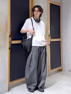 「RAGEBLUE（レイジブルー）の＜接触冷感/吸水速乾＞PHOTOGRAPHIC PRINT T-SHIRT/フォトグラフィックプリントTシャツ（Tシャツ/カットソー、ホワイト系）」を使った、三浦 慎平さん（メンズ・183cm）の夏コーディネート