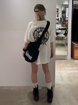 「X-girl（エックスガール）のLEOPARD CIRCLE LOGO AND FACE S/S TEE DRESS（ワンピース、ホワイト系）」を使った、サエピさん（レディース・157cm）の夏コーディネート
