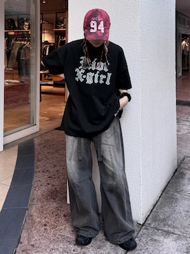 「Champion（チャンピオン）のChampion for X-girl FADED LOGO S/S BIG TEE DRESS（ワンピース、ブラック系）」を使った、サエピさん（レディース・157cm）の春コーディネート