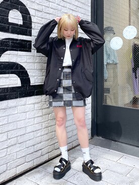 「x-girl_ootd」｜「アイテム（ブルゾン）」を使った、山口紗英さん（レディース・157cm）の春コーディネート