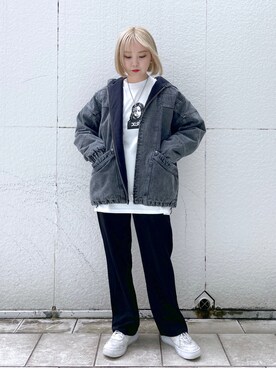 「x-girl_ootd」｜「アイテム（ダウンジャケット/コート）」を使った、山口紗英さん（レディース・157cm）の春コーディネート