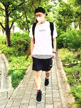 「thisisneverthat（ディスイズネバーザット）のアイテム（パンツ）」を使った、マングースさん（メンズ・173cm）の夏コーディネート