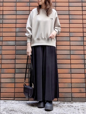 「meeny miny（ミーニーマイニー）の【MEBARU】フェルト猫スウェットB（Tシャツ/カットソー、グレー系）」を使った、sasa0601さん（レディース・156cm）の秋コーディネート