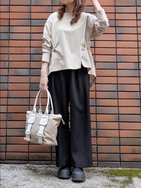 「KATHARINE ROSS（キャサリンロス）の【PILLINI/ピリーニ】ポンチ異素材ドッキングプルオーバー（スウェット、ベージュ系）」を使った、sasa0601さん（レディース・156cm）の春コーディネート