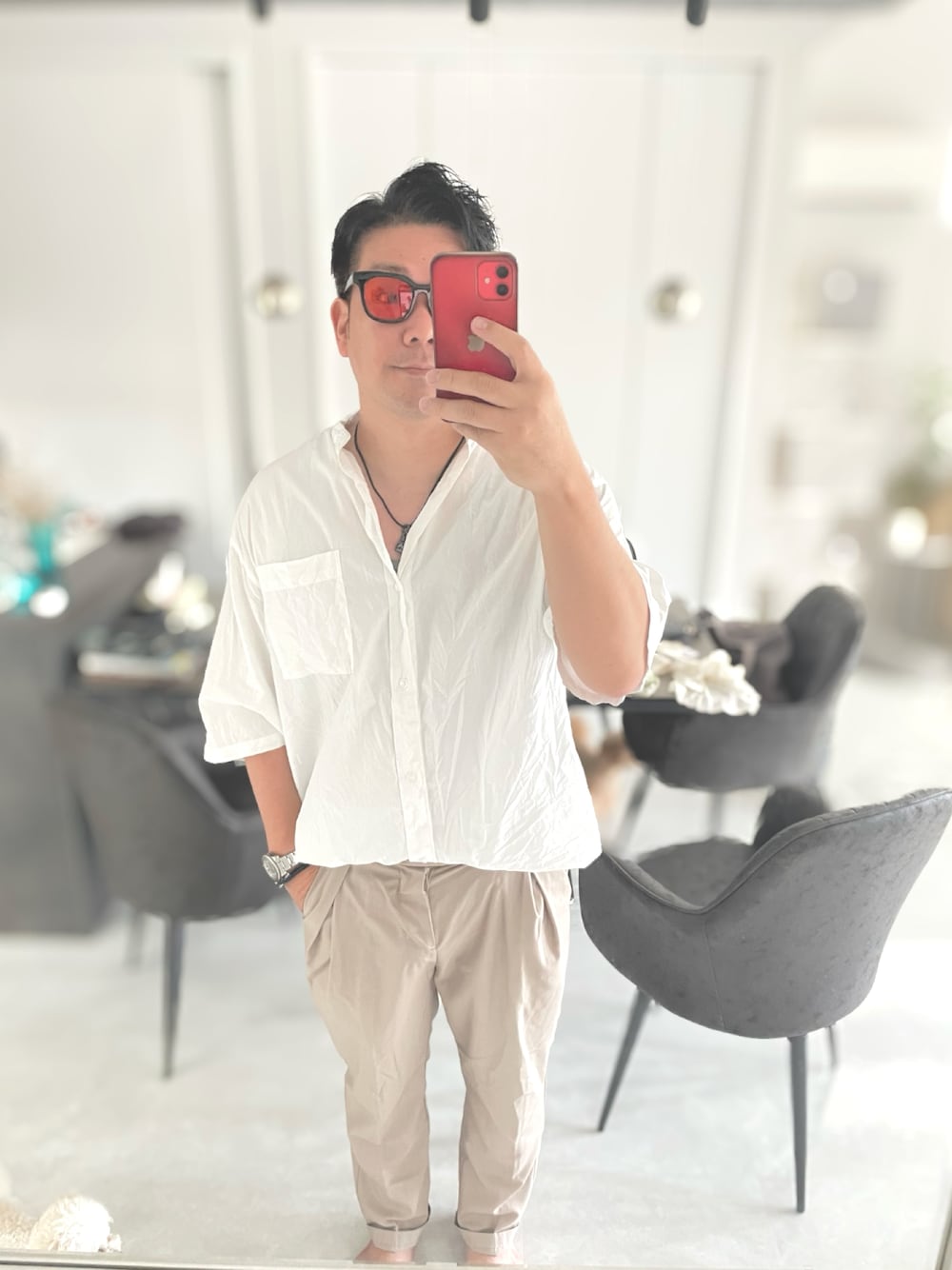 「休日スタイル、きれいめカジュアル、夏コーデ」｜「CREARE -LINO-のロングストレート グルカパンツ<セットアップ可>（スラックス、ベージュ系）」を使った、laphroaigholicさん（メンズ・174cm）の夏コーディネートの1枚目の写真