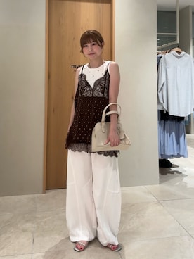 「mystic（ミスティック）のフラワードットタンクトップ（タンクトップ、ホワイト系）」を使った、mmisakkiさん（レディース・160cm）の夏コーディネート