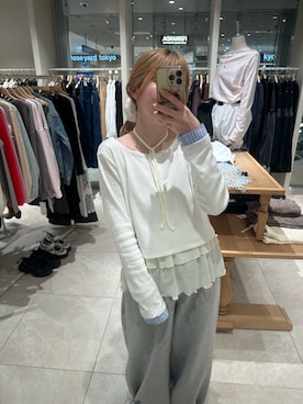 「mystic（ミスティック）のヘンリーネックチビロンT（Tシャツ/カットソー、ホワイト系）」を使った、mmisakkiさん（レディース・160cm）の春コーディネート