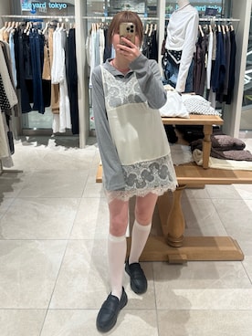 「mystic（ミスティック）のリブヘンリーネックプルオーバー（Tシャツ/カットソー、グレー系）」を使った、mmisakkiさん（レディース・160cm）の春コーディネート