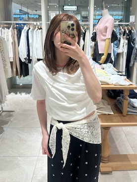 「mystic（ミスティック）の【5色展開◎】レースドッキングオフショル半袖Tシャツ（Tシャツ/カットソー、ホワイト系）」を使った、mmisakkiさん（レディース・160cm）の春コーディネート