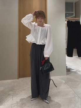 「mystic（ミスティック）のジャガード裾フリルブラウス（シャツ/ブラウス、ホワイト系）」を使った、mmisakkiさん（レディース・160cm）の春コーディネート