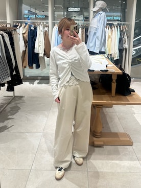 「mystic（ミスティック）の【柔らかリブ素材】ギャザーレースリブカーディガン（Tシャツ/カットソー、ホワイト系）」を使った、mmisakkiさん（レディース・160cm）の春コーディネート