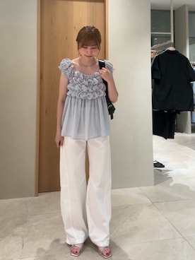 「mystic（ミスティック）の【新色NVY・BRN・BLU2/3サイズ展開】バレルBIGデニム（デニムパンツ、ホワイト系）」を使った、mmisakkiさん（レディース・160cm）の夏コーディネート