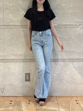 「dazzlin（ダズリン）のリボンディティールドッキングTシャツ（Tシャツ/カットソー、ブラック系）」を使った、reikaさん（レディース・155cm）の夏コーディネート
