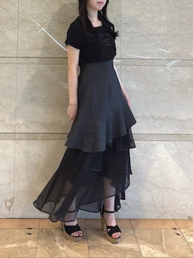 「dazzlin（ダズリン）のリボンディティールドッキングTシャツ（Tシャツ/カットソー、ブラック系）」を使った、reikaさん（レディース・155cm）の夏コーディネート