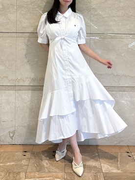 「dazzlin（ダズリン）の【POLO BCSコラボ】レイヤードリボンティアードシャツワンピース（ワンピース、ホワイト系）」を使った、reikaさん（レディース・155cm）の春コーディネート