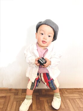 「quoti use fith（クゥオティ　ユース　フィス）のアイテム（ハンチング/ベレー帽）」を使った、かんちゃ♡さん（キッズ・70cm）の春コーディネート