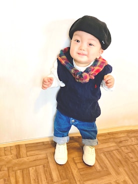 「quoti use fith（クゥオティ　ユース　フィス）のアイテム（ハンチング/ベレー帽）」を使った、かんちゃ♡さん（キッズ・70cm）の冬コーディネート