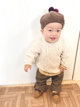 「チェック柄に恋してる」｜「アイテム（ハンチング/ベレー帽）」を使った、かんちゃ♡さん（キッズ・70cm）の冬コーディネート