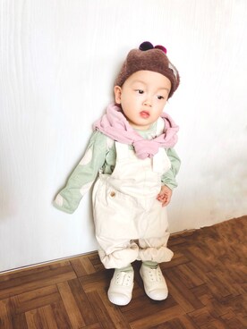 「BEAMS（ビームス）のアイテム（オールインワン・サロペット）」を使った、かんちゃ♡さん（キッズ・70cm）の春コーディネート