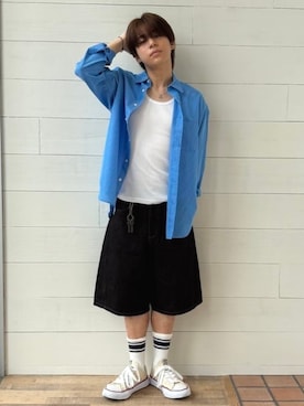 「BEAMS HEART（ビームスハート）の【7/9値下げ】デニムライク カーブバギー ショートパンツ（その他パンツ、ブラック系）」を使った、BEAMS HEART MENさん（メンズ・170cm）の夏コーディネート