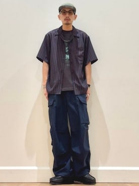 「BEAMS HEART（ビームスハート）のワイド バルーン カーゴパンツ（吸水速乾）（カーゴパンツ、ブルー系）」を使った、BEAMS HEART MENさん（メンズ・170cm）の春コーディネート