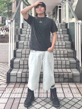 「BEAMS HEART（ビームスハート）の【6/18値下げ】メタリックプリント ワンポイントTシャツ（ユニセックス）（Tシャツ/カットソー、ブラック系）」を使った、BEAMS HEART MENさん（メンズ・170cm）の夏コーディネート