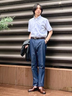 「BEAMS HEART（ビームスハート）のストレッチデニム スラックス（セットアップ対応）（スラックス、ブルー系）」を使った、BEAMS HEART MENさん（メンズ・170cm）の夏コーディネート