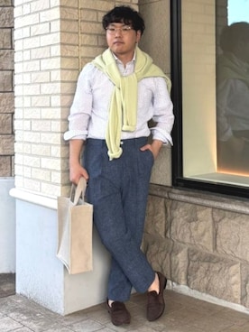 「BEAMS HEART（ビームスハート）のデニムプリント シアサッカー スラックス（セットアップ対応）（スラックス、ブルー系）」を使った、BEAMS HEART MENさん（メンズ・170cm）の春コーディネート