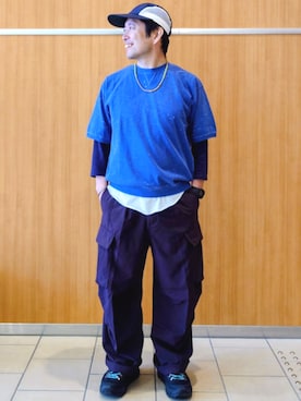 「BEAMS HEART（ビームスハート）の【ユニセックス】ワイド バルーン カーゴパンツ（吸水速乾）（カーゴパンツ、ブラウン系）」を使った、BEAMS HEART MENさん（メンズ・170cm）の夏コーディネート