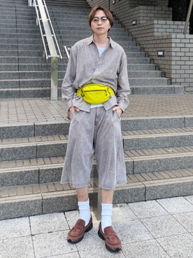 「BEAMS HEART（ビームスハート）の【6/18値下げ】フェードカラー ワイド ショートパンツ（その他パンツ、ブラウン系）」を使った、BEAMS HEART MENさん（メンズ・170cm）の夏コーディネート