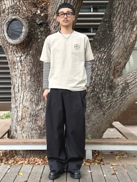 「BEAMS HEART（ビームスハート）のMHC クイックドライ エンブレム Tシャツ（吸水速乾）（Tシャツ/カットソー、ベージュ系）」を使った、BEAMS HEART MENさん（メンズ・170cm）の春コーディネート